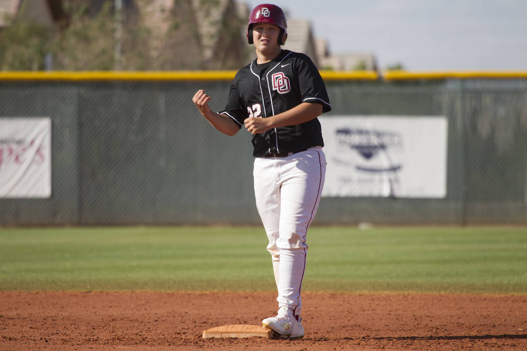 Desert Oasis’ Chaison Miklich (22) reacts after hitting a double against Bishop Gorman ...