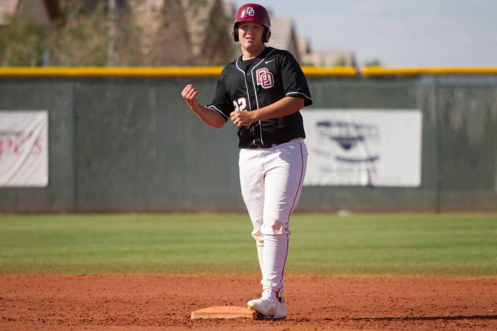 Desert Oasis’ Chaison Miklich (22) reacts after hitting a double against Bishop Gorman ...