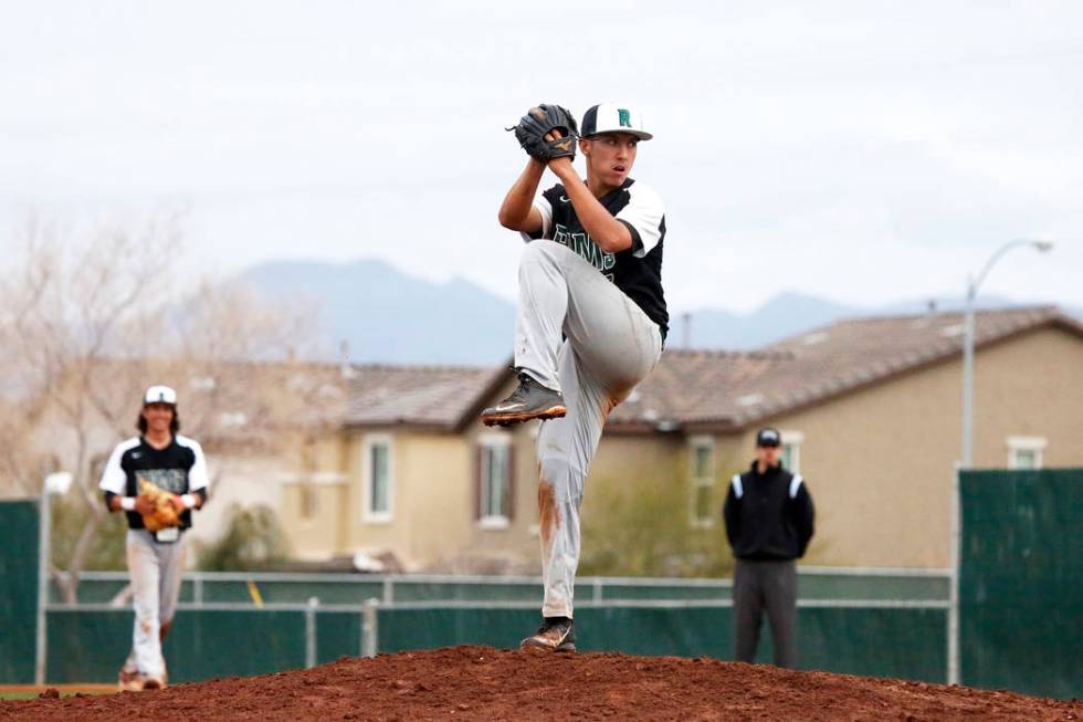 Rancho Rams’ Anthony Guzman (27) pitches against the Arbor View Aggies at Desert Oasis ...