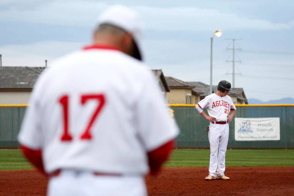 Arbor View Aggies’ Austin Pfeifer (21) reacts during the game against the Rancho Rams ...