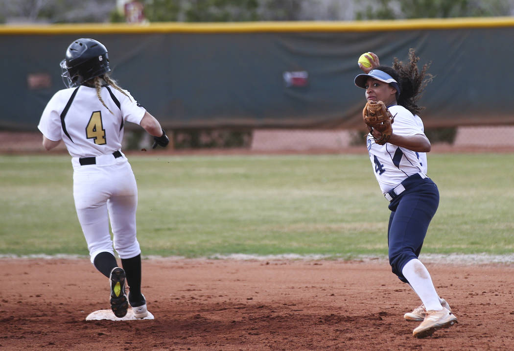 Centennial’s Kiana Tate (4) throws to first base after getting out Faith Lutheran&#821 ...