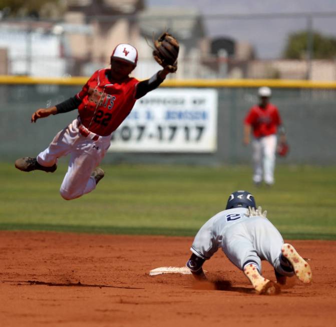 Las Vegas infielder Layne Adaro fields the throw as Rim of the World (Calif.) baserunner Kyl ...