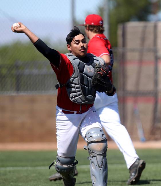 Las Vegas catcher Daniel Jimenez throws to first base in the first inning of a baseball game ...