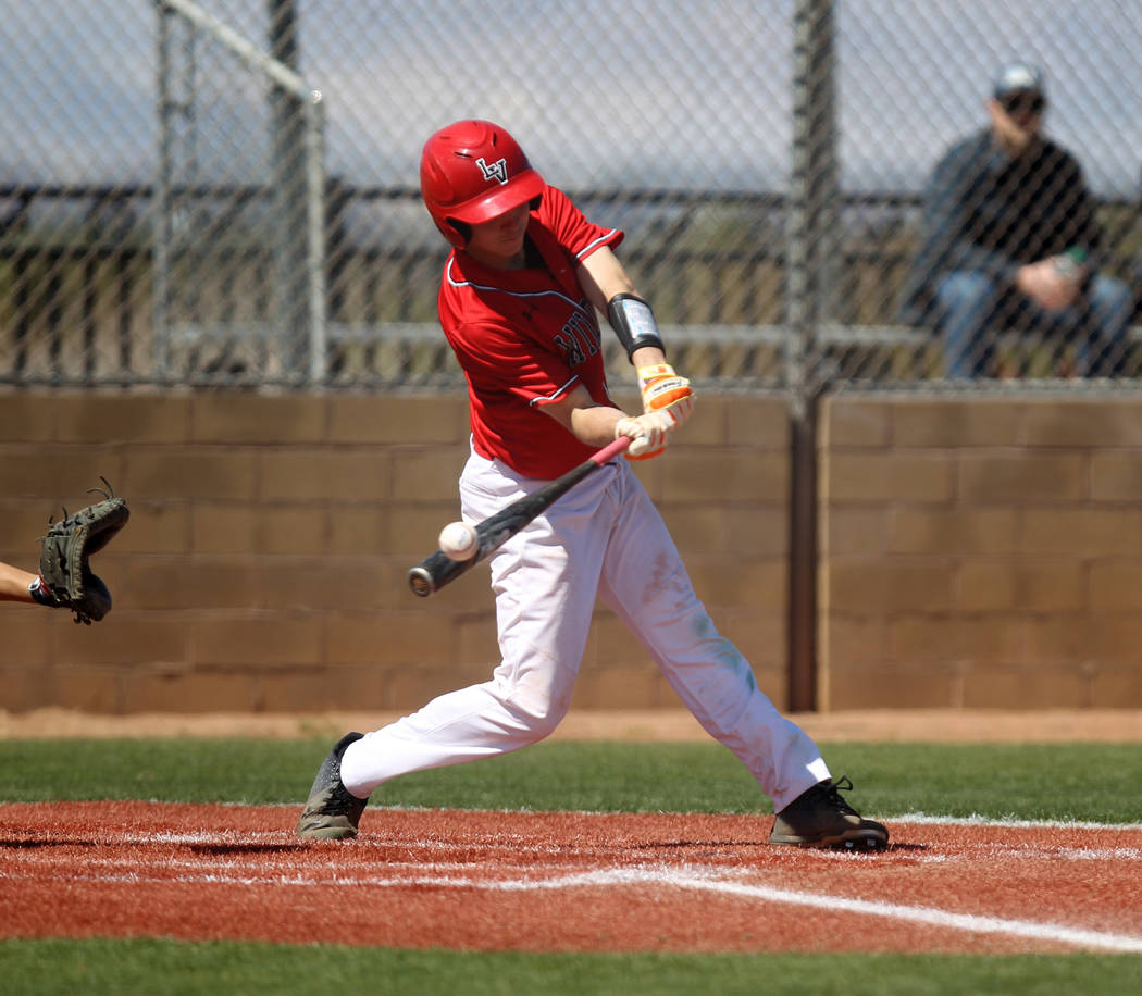 Las Vegas’ Joel Lindahl connects in the first inning of a baseball game against Rim of ...