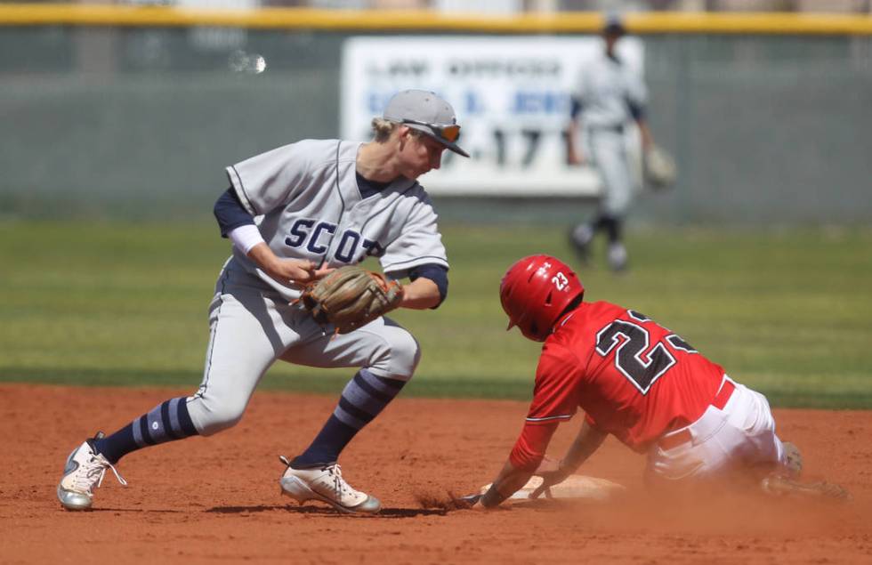 Las Vegas baserunner Kevin Verduzco slides safely into second base past Deagan Risnes of Rim ...