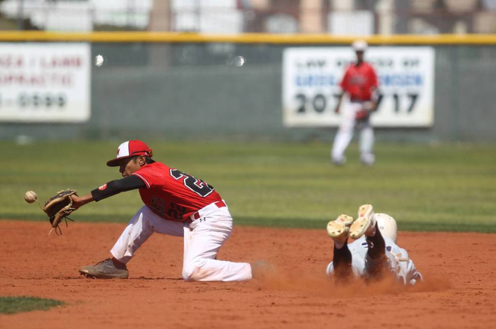 Las Vegas infielder Layne Adaro fields the throw as Rim of the World (Calif.) baserunner Col ...