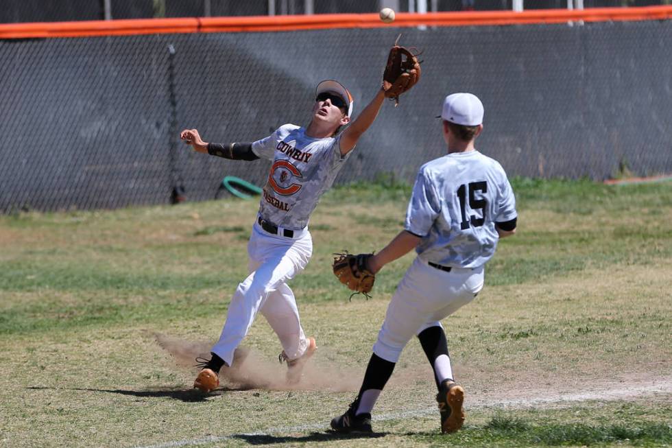 Chaparral’s Talon Greene (8) catches a pop up ball for an out against Southeast Career ...