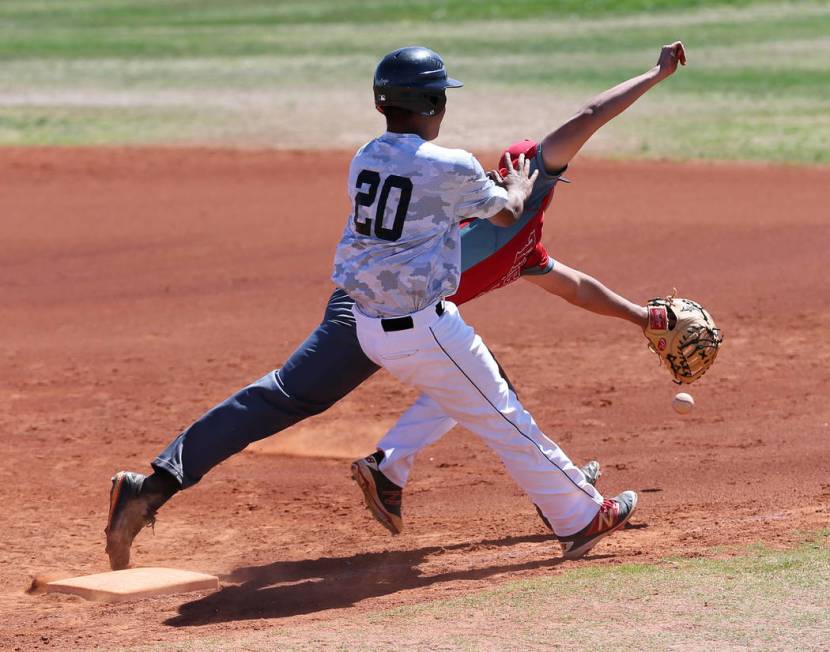 Southeast Career Tech’s Sean Jones (33) misses a ball to first base against Chaparral& ...