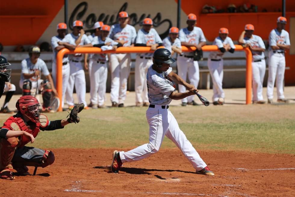 Chaparral’s Rodney Elosegui (20) swings for a double against Southeast Career Tech in ...