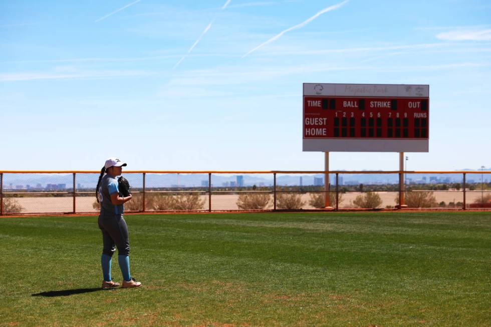 Centennial’s Deanna Barrera (06) waits for a throw in the second inning during the Spr ...