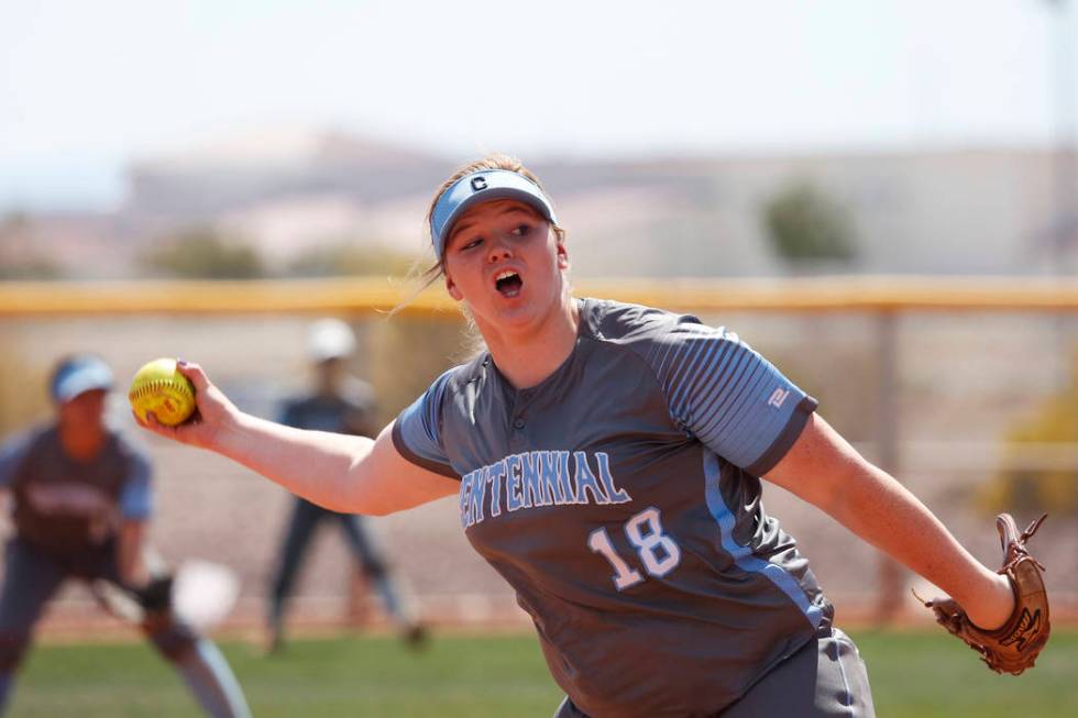 Centennial’s pitcher Amanda Sink (18) pitches against North High School in the ...