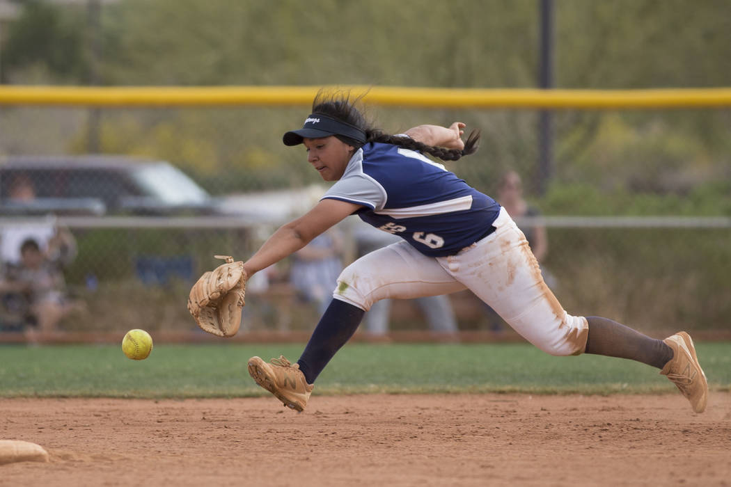 Shadow Ridge’s Angelina Esqueda (6) is short for the ball against El Camino Real durin ...