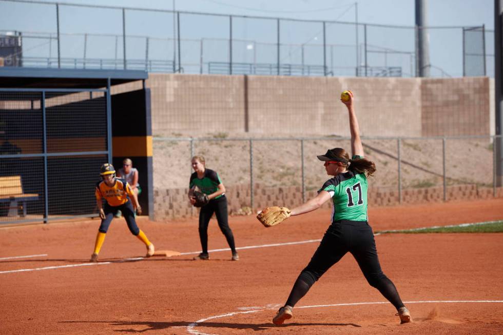 Virgin Valley High School’s pitcher Savannah Price (17) prepares to pitch against Boul ...