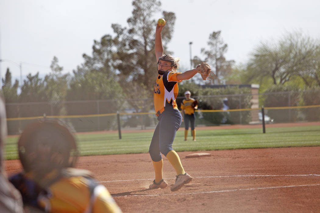 Boulder City High School’s Bailey Bennett-Jordan pitches against Virgin Valley High Sc ...