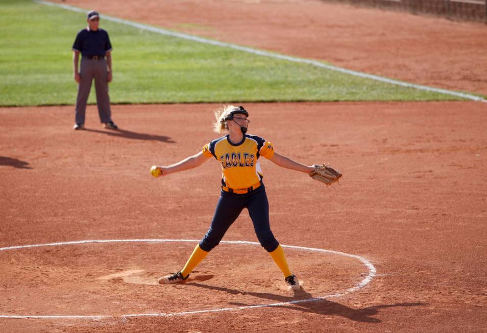 Boulder City High School’s Bailey Bennett-Jordan pitches against Virgin Valley High Sc ...