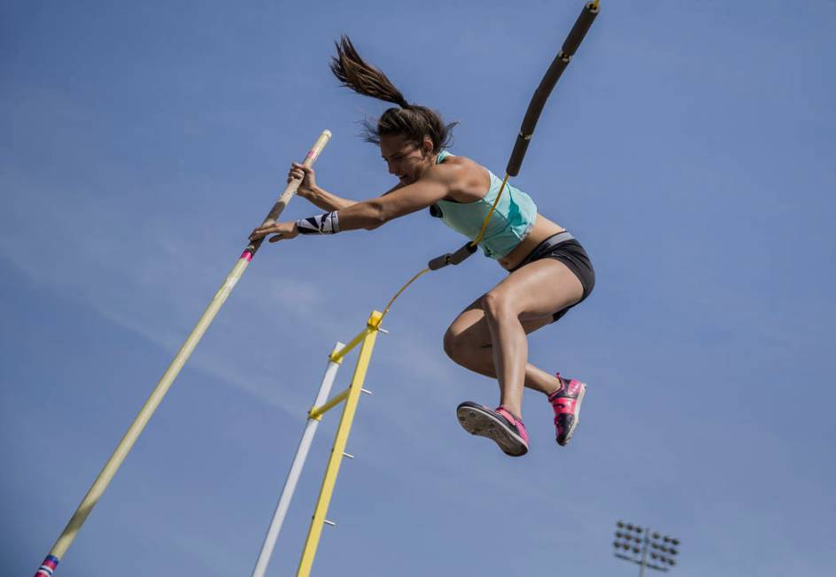Gabby Carson, one of Nevada’s top prep pole vaulters, works on her "fly-away&quot ...