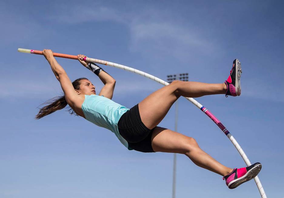 Gabby Carson, one of Nevada’s top prep pole vaulters, makes an attempt during practice ...