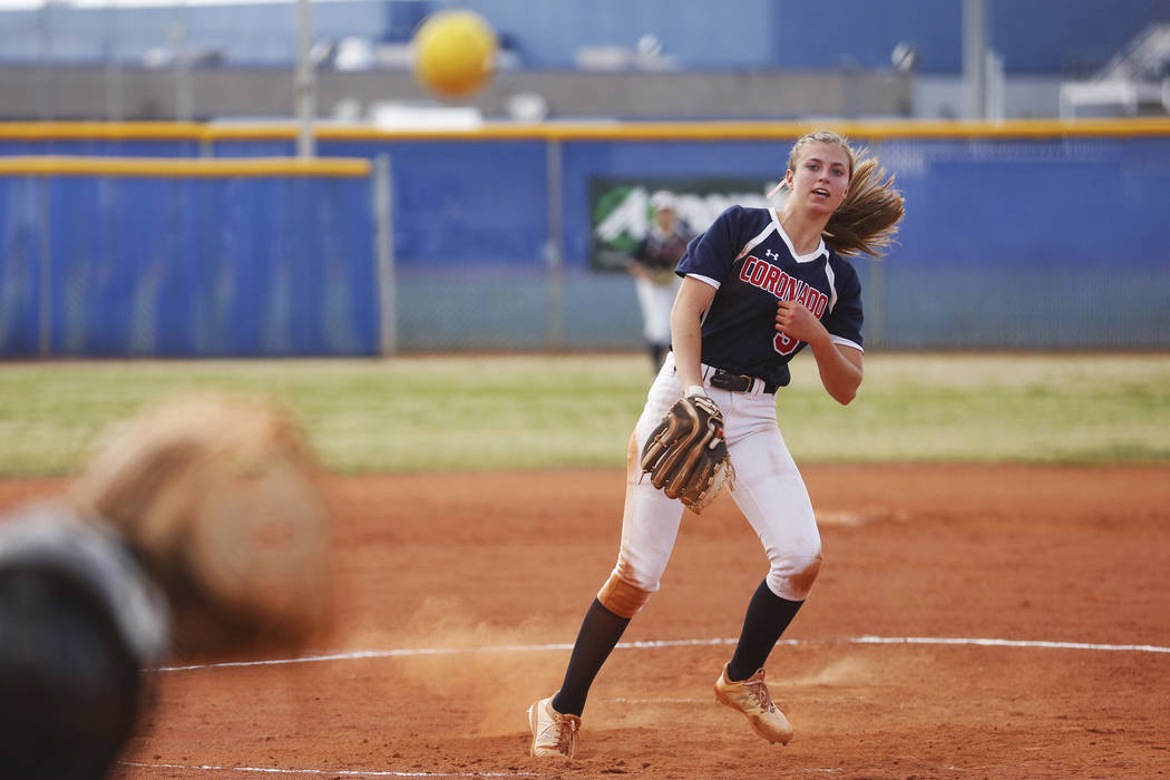 Coronado’s pitcher Tatum Spangler (5) pitches against Basic at Basic High School in He ...