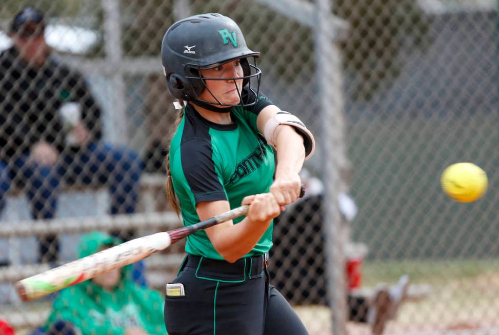 Palo Verde’s Makall Whetten bats against Centennial during a softball game at Pal ...