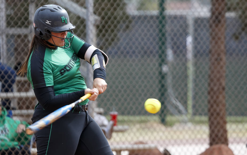 Palo Verde’s Samantha Wade bats against Centennial during a softball game at Palo Verd ...