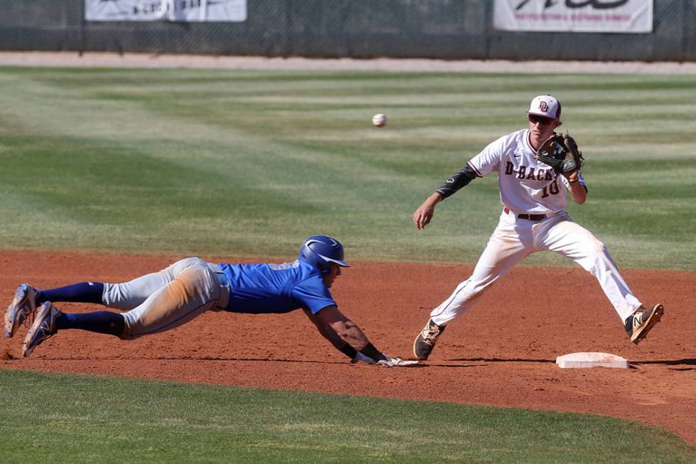 Bishop Gorman baserunner Gorman Austin Wells (16) dives safely back to second base as Desert ...