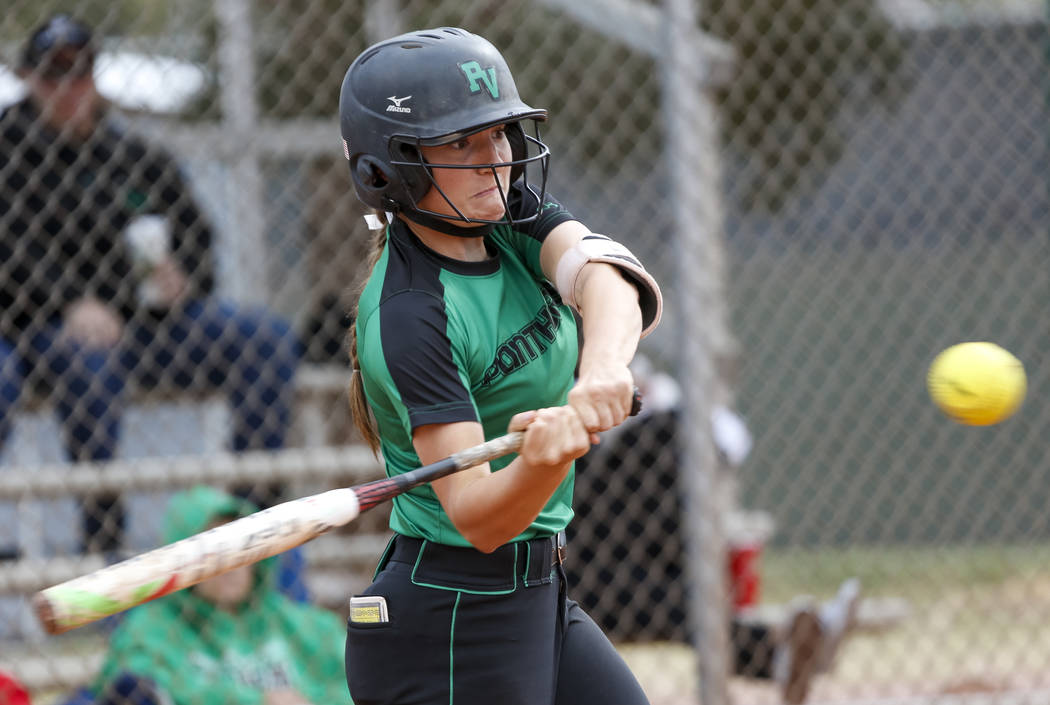 Palo Verde’s Makall Whetten bats against Centennial during a softball game at Pal ...