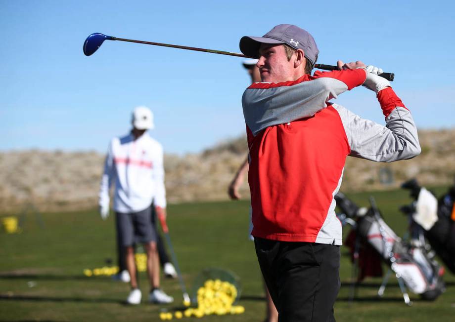 Arbor View’s Cameron Gambini at the driving range during practice at the Paiute Golf R ...