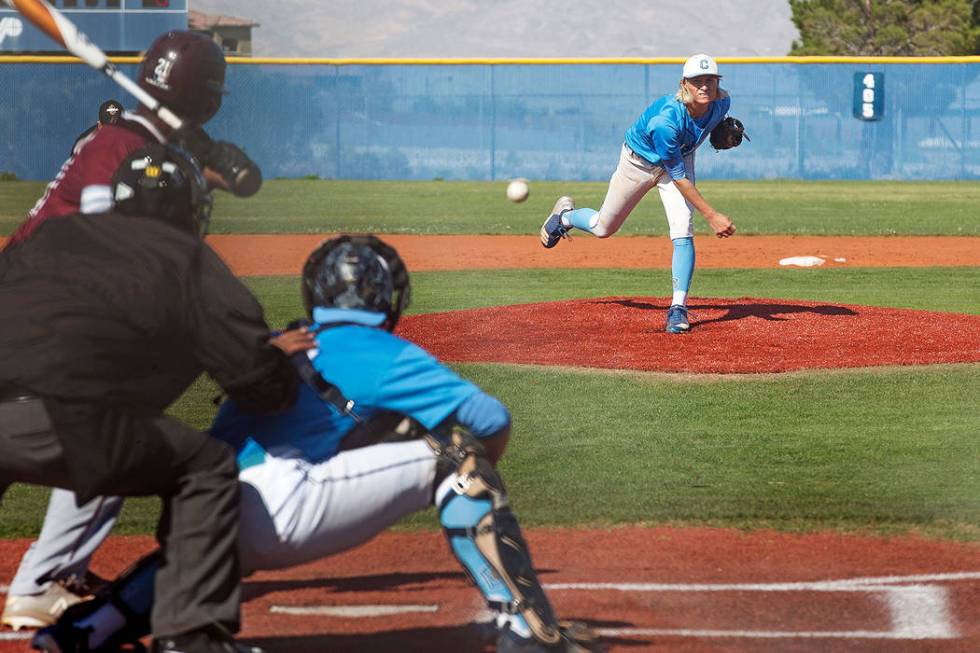 Centennial High School’s Nik Dobar (2) pitches the ball in a game against Cimarron-Mem ...