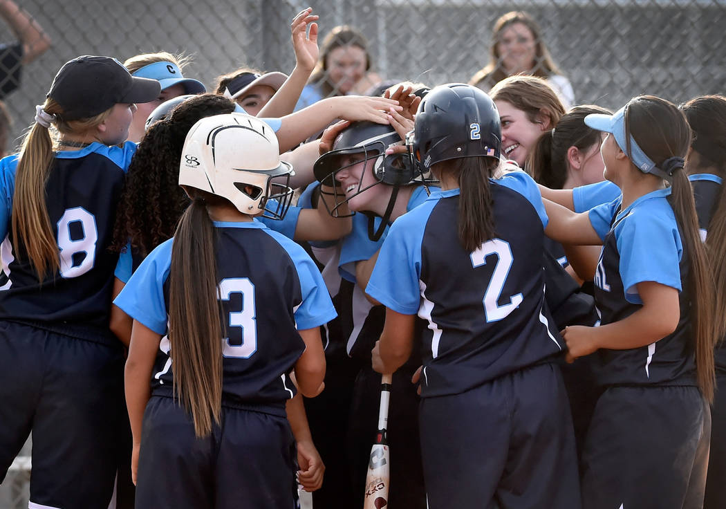 The Centennial bench celebrates Jillian Bartley’s, center, two-run home run against Du ...