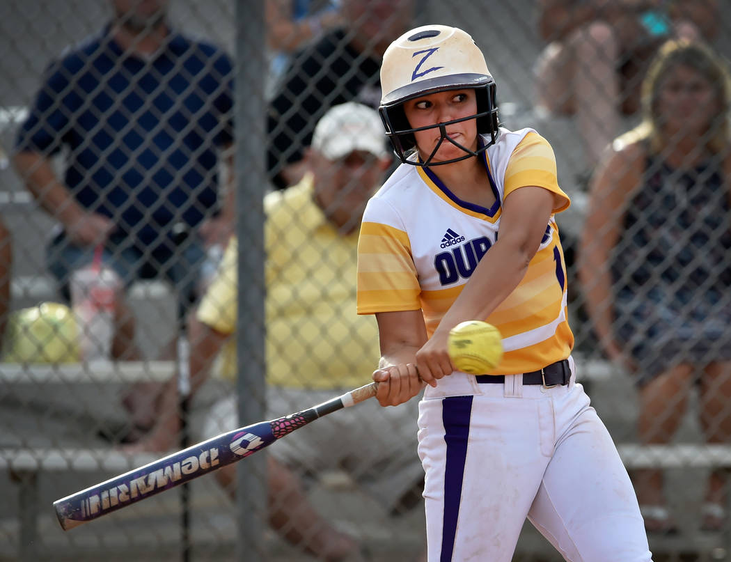 Durango’s Avahly Geraldo swings at the ball against Centennial during a high school so ...