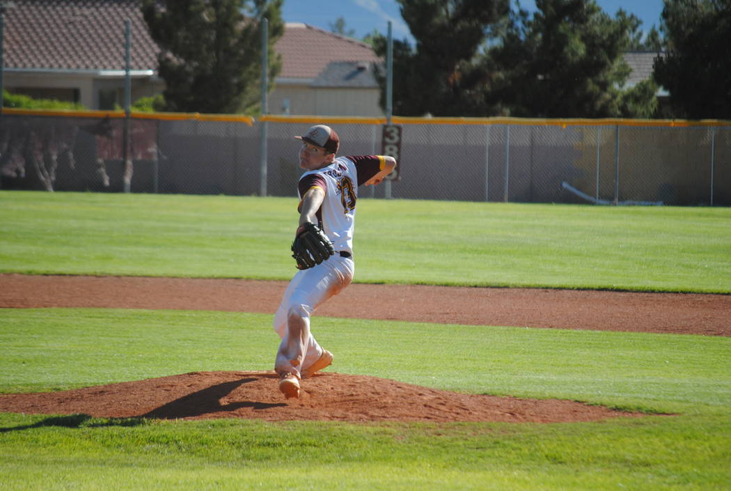 Pahrump Valley’s Cyle Havel pitches in a 7-6 victory over Virgin Valley on Thursday, M ...