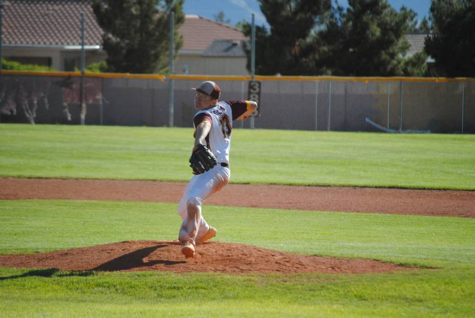 Pahrump Valley’s Cyle Havel pitches in a 7-6 victory over Virgin Valley on Thursday, M ...