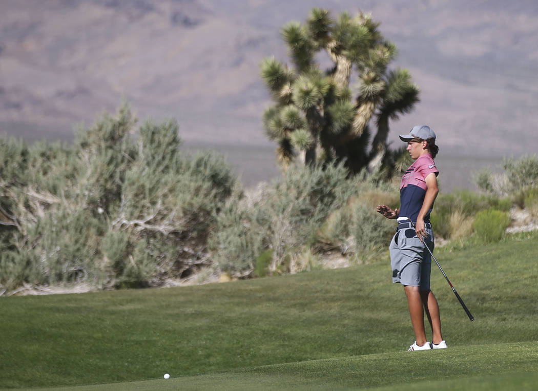 Coronado sophomore Brett Sodetz reacts while watching his shot during the Class 4A Sunrise R ...