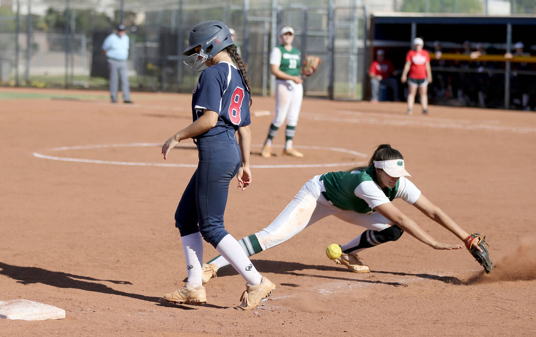 Green Valley Cristina De Los Angeles (18) bobbles the throw from home as Coronado baserunner ...