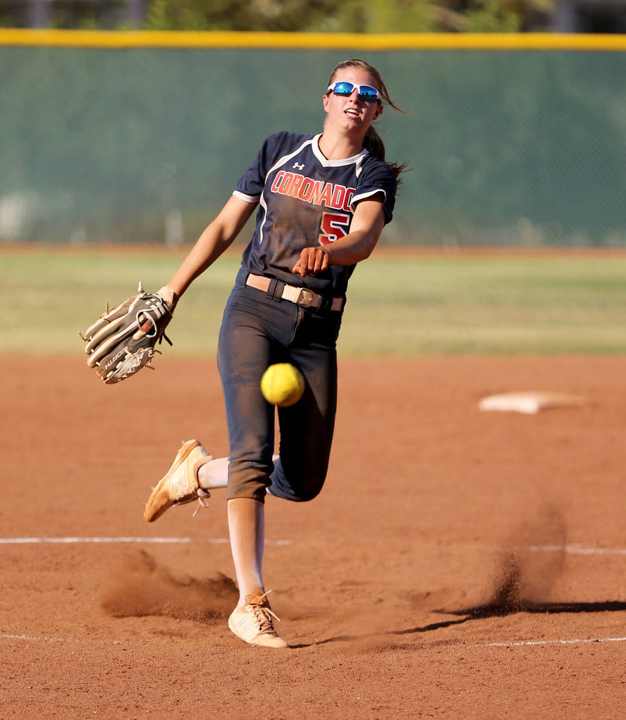 Coronado pitcher Tatum Spangler (5) throws against Green Valley in the third inning of a sof ...