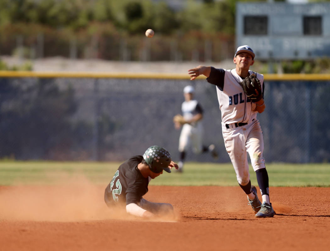 Centennial shortstop Rene Almarez (7) throws to first to turn a double play as Palo Verde&#8 ...