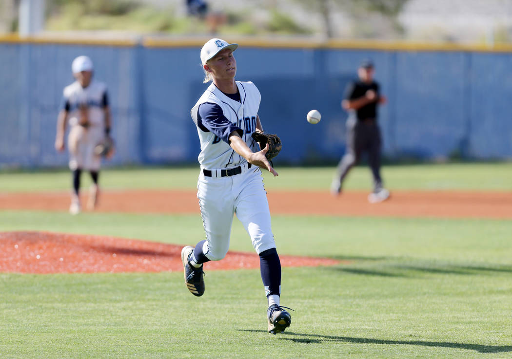 Centennial pitcher Nik Dobar (2) tosses to first base in the third inning of their Sunset Re ...