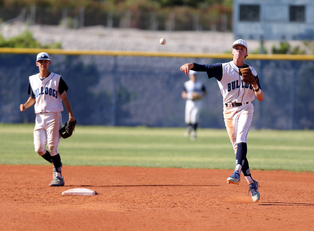 Centennial infielder Kian Wilbur (4) throws to first base as Rene Almarez (7) looks on in th ...