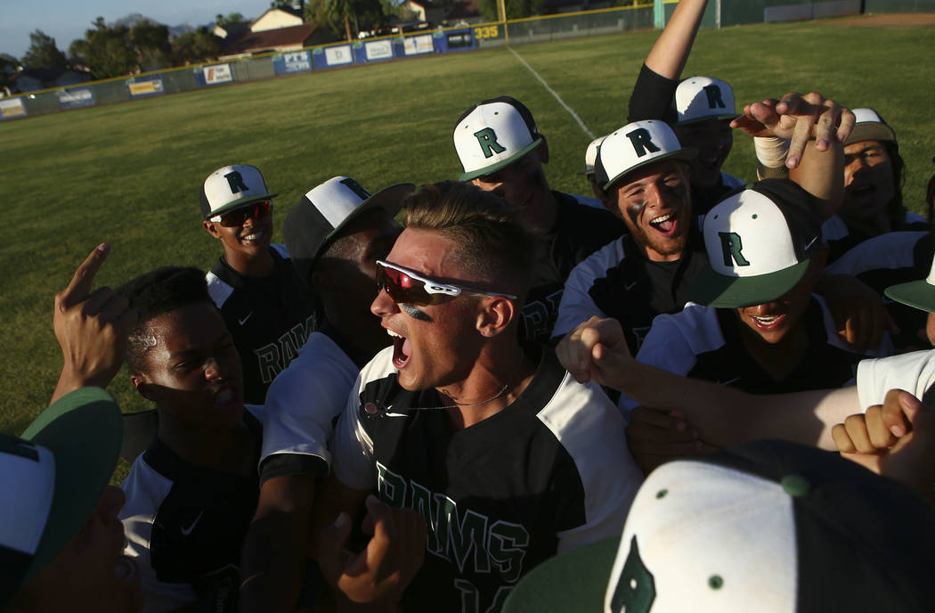 Rancho’s Joey Walls, center, celebrates with teammates after defeating Coronado in the ...