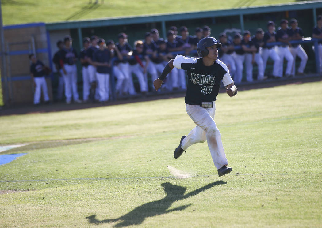 Rancho’s Anthony Guzman (27) rounds the bases on his grand slam hit against Coronado d ...