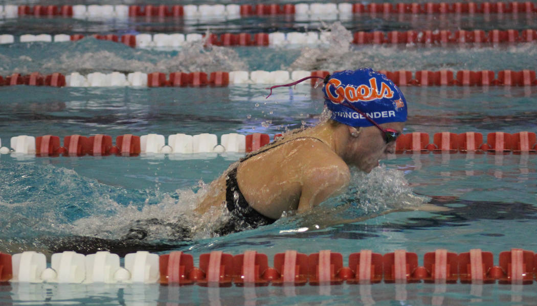 Bishop Gorman’s Devyn Wingender competes in the 200-yard medley relay at the Class 4A ...
