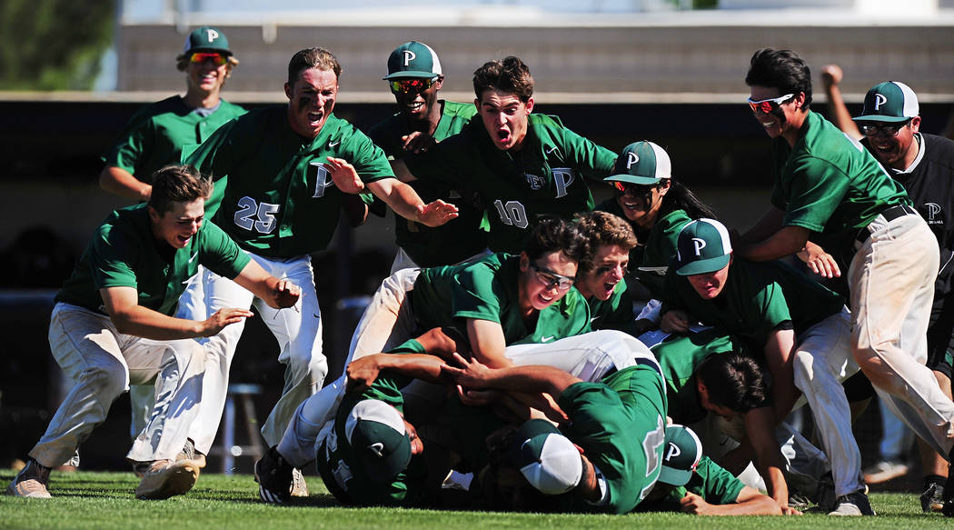 Palo Verde players celebrate winning the 2018 NIAA Class 4A Sunset Region Championship over ...