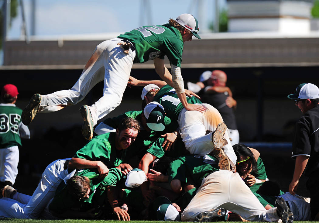 Palo Verde players celebrate winning the 2018 NIAA Class 4A Sunset Region Championship over ...