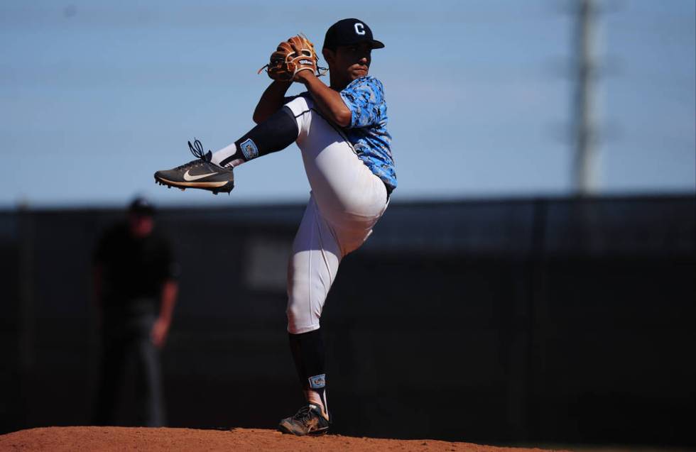 Centennial starting pitcher Nate Martin delivers to Palo Verde during the 2018 NIAA Class 4 ...