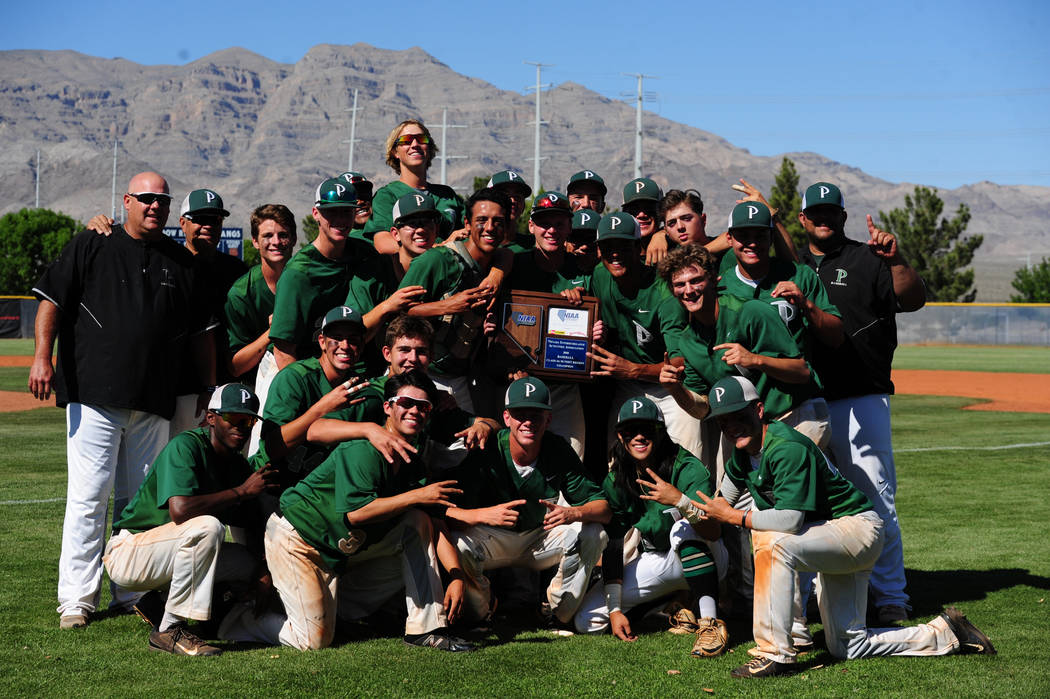 Palo Verde players celebrate winning the 2018 NIAA Class 4A Sunset Region Championship over ...