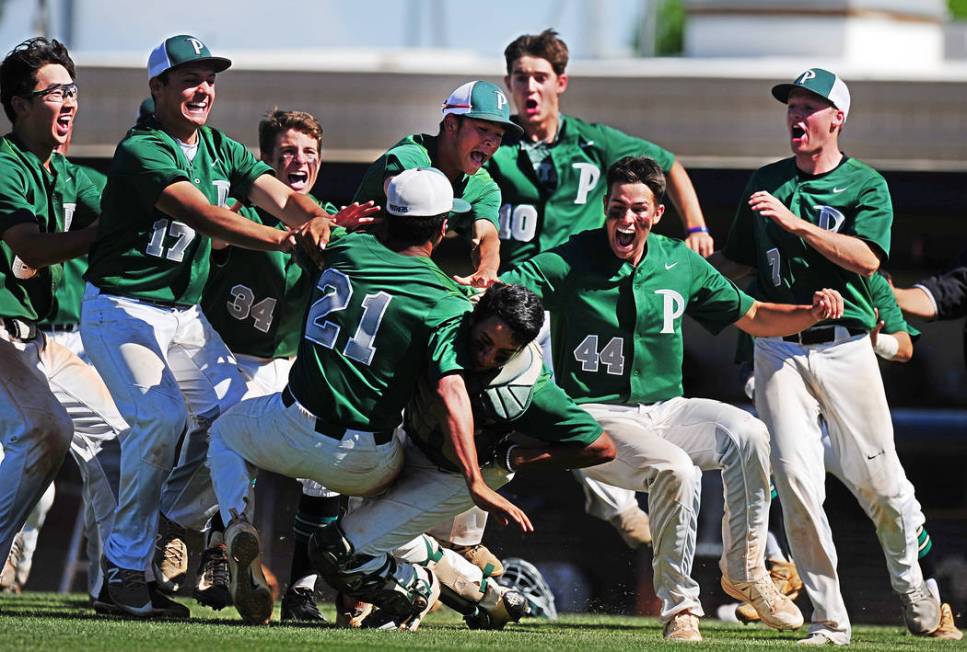 Palo Verde players celebrate winning the 2018 NIAA Class 4A Sunset Region Championship over ...