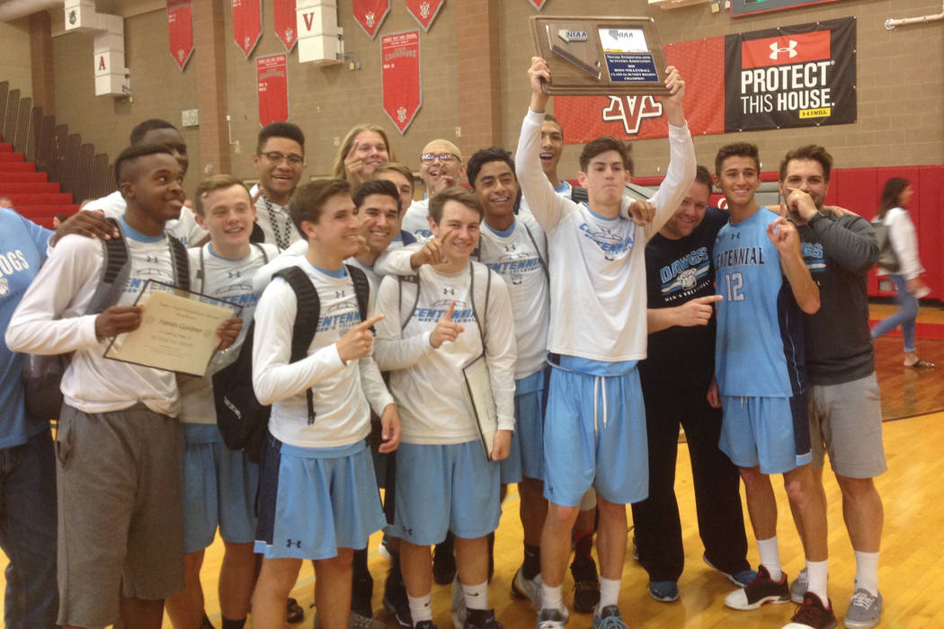 Centennial’s boys volleyball team poses with the Class 4A Sunset Region championship t ...