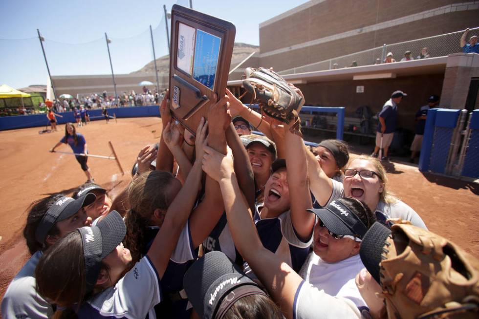 The Shadow Ridge Girls Softball team celebrates their win over Palo Verde to clinch the 2018 ...