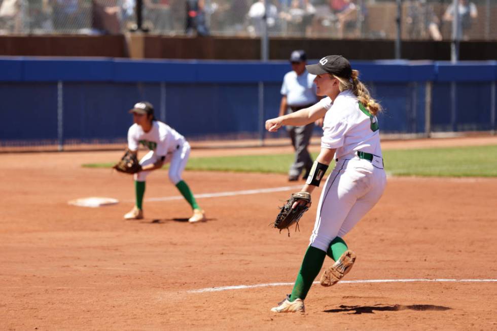 Palo Verde’s Kendall Hopkins (8) pitches against Shadow Ridge during the 2018 NIAA Cla ...