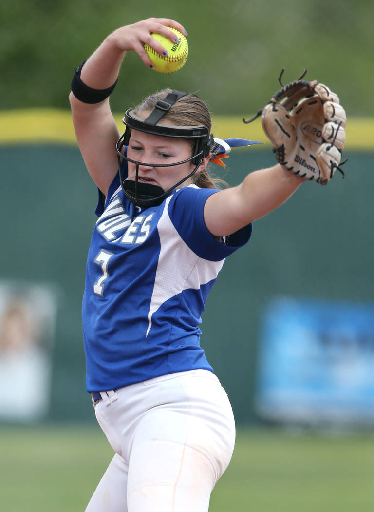 Basic Wolves’ Shelby Basso pitches against the Douglas Tigers during the NIAA 4A softb ...